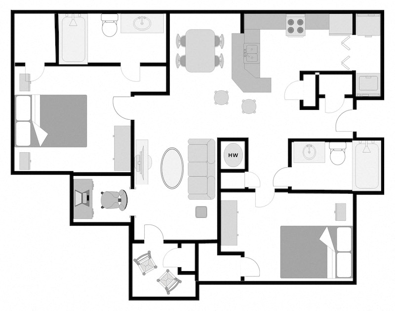Floor plan for 2 beds, 2 baths, 1157 sqft